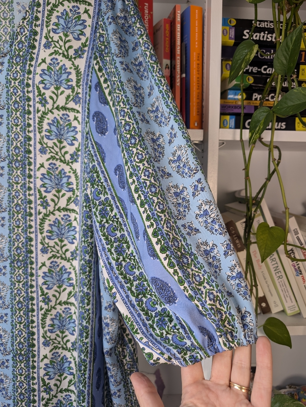 Dex V-Neck Shift Dress Blue Green Paisley Floral Patchwork Stripe Size 1X Boho - Picture 3 of 8
